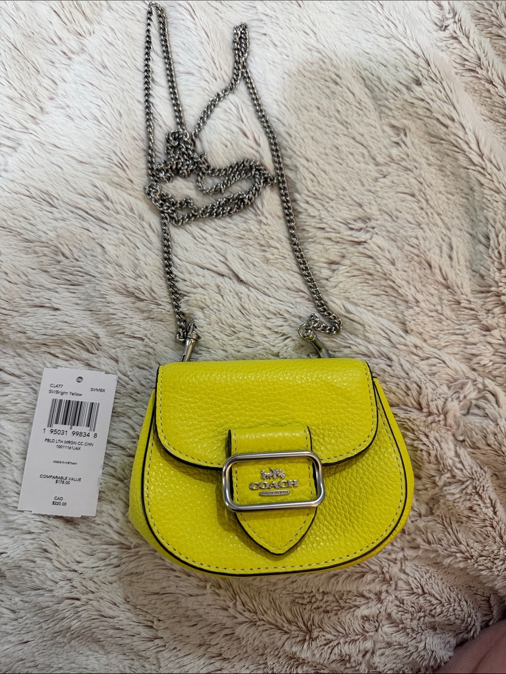 Coach Bright Yellow Leather Mini Saddle Crossbody with Silver Chain